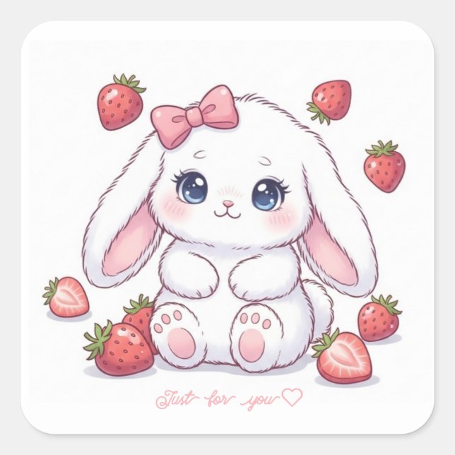 Strawberry Gaze Bunny - Cute Anime Eyes & Ribbon Square Sticker (Front)