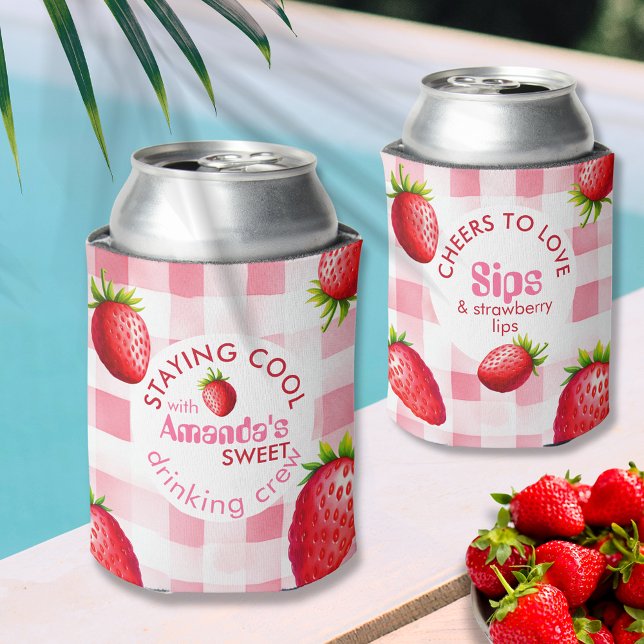 Strawberry Gingham Bachelorette Drink Crew Cooler (Strawberry Bachelorette party crew Soda Beer Alcohol can cooler pink red gingham check fruit summer)