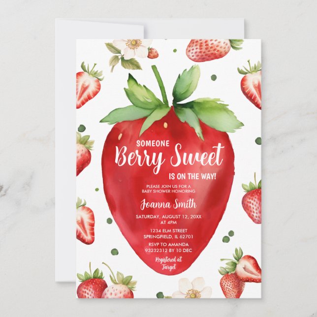 Strawberry Gingham Berry Sweet Girl Baby Shower Invitation (Front)