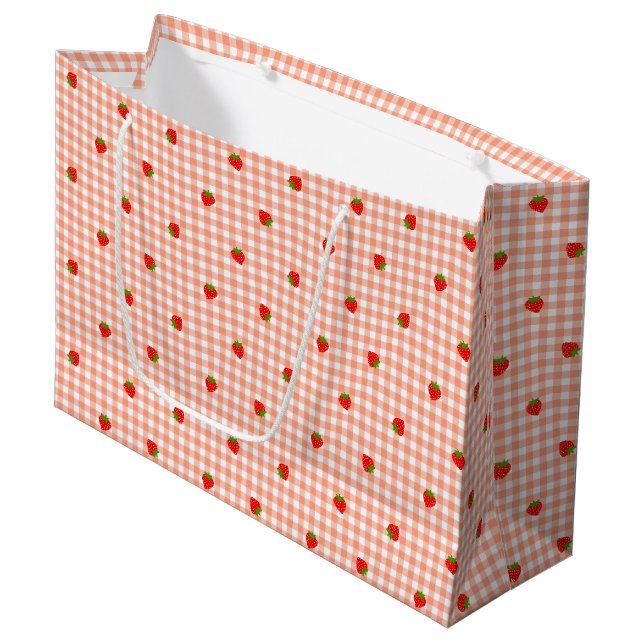 Strawberry Gingham Check Salmon Pink Large Gift Bag (Front Angled)