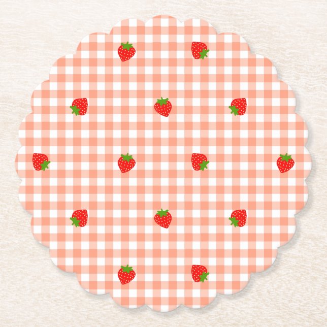 Strawberry & Gingham Check (Salmon Pink) Paper Coaster (Front)