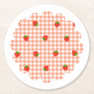 Strawberry & Gingham Check (Salmon Pink) Round Paper Coaster