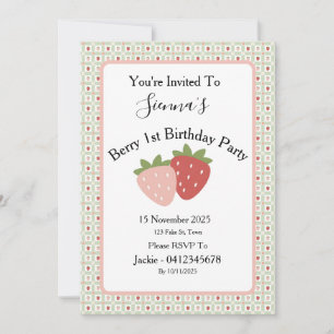 Strawberry Gingham First Birthday Party Invitation