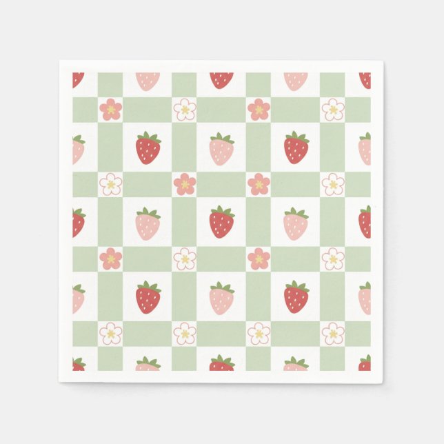 Strawberry Gingham Pastel Green 1st Birthday Napkin (Front)