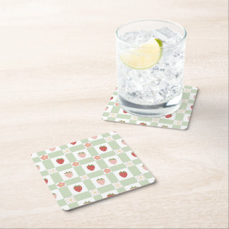Strawberry Gingham Pastel Green Party Square Paper Coaster