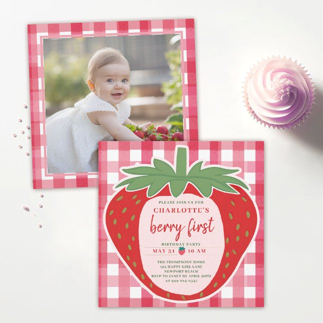 Strawberry Gingham Pink Cute Photo 1st Birthday Invitation (strawberry 1st birthday party theme photo invitation cute adorable template modern watercolor)