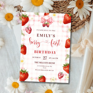 Strawberry Girl 1st Birthday Gingham Berry First Invitation