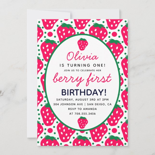 Strawberry Girl Berry 1st Birthday Party Modern  Invitation (Front)