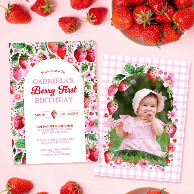 Strawberry Girl Berry 1st Birthday Pink Photo Invitation (Strawberry Girl Berry 1st Birthday Photo Invitation)