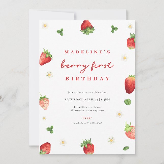 Strawberry Girl Berry First Birthday Invitation (Front)