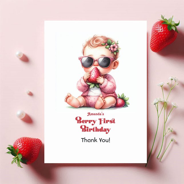 Strawberry Girl Berry First Birthday Thank You Card (Strawberry Girl Berry First Birthday Thank You Card)