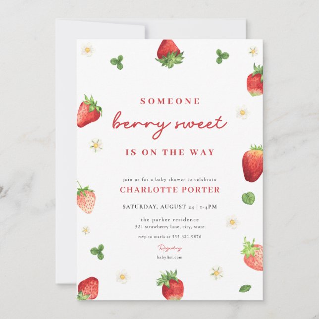 Strawberry Girl Berry Sweet Baby Shower Invitation (Front)