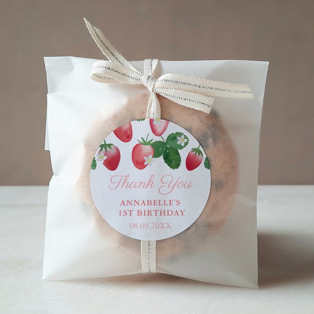 Strawberry Girl Birthday Party Thank You Favour Classic Round Sticker (Strawberries Child Birthday Party Thank You Favor Sticker)