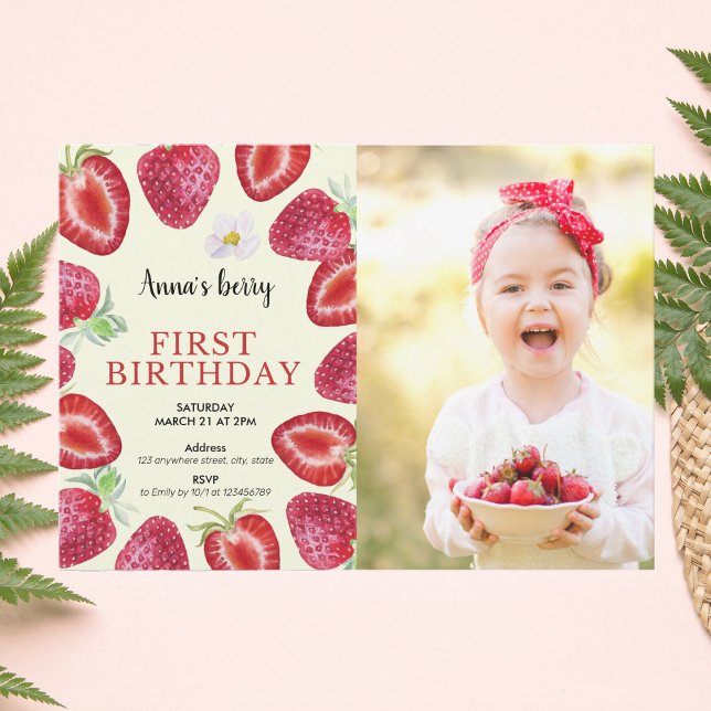 Strawberry Girl First 1st Birthday Berry Photo Invitation (Creator Uploaded)