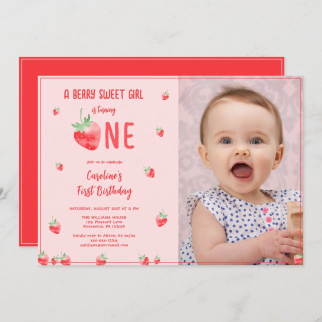 Strawberry Girl First Birthday Photo Invitation (Front/Back)