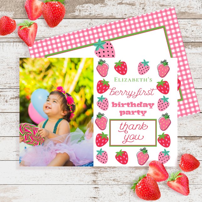 Strawberry Girl Photo Berry First Birthday Party  Thank You Card (Strawberries Girl Photo Berry First Birthday Party Thank You Flat Card)