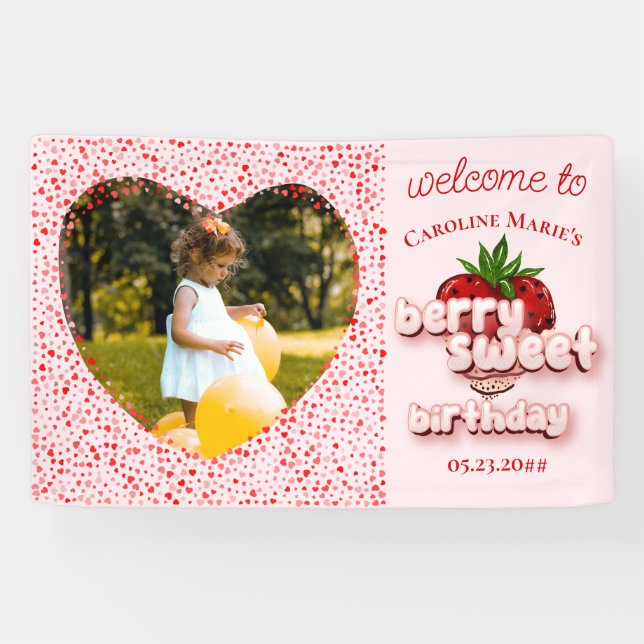Strawberry Girl Pink Berry Sweet Birthday Photo  Banner (Horizontal)