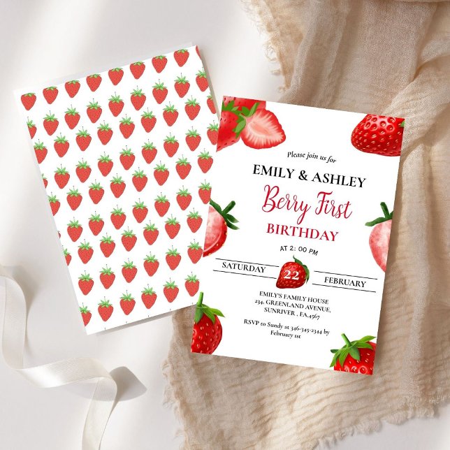Strawberry  Girl Twin First Birthday| Berry Sweet Invitation (Creator Uploaded)
