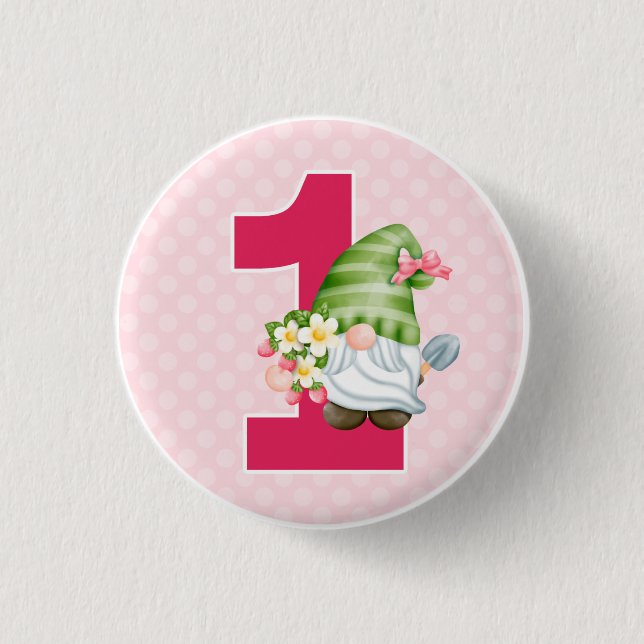 Strawberry Gnome Garden Baby Girl's 1st Birthday 3 Cm Round Badge (Front)