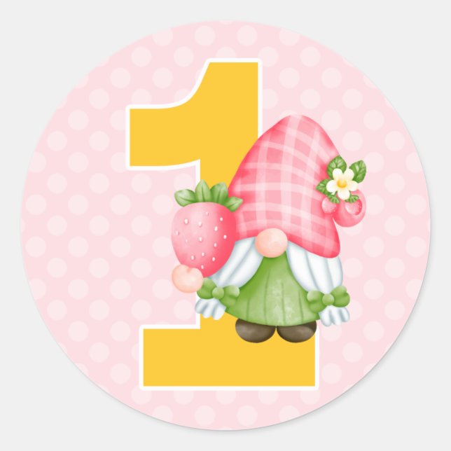 Strawberry Gnome Garden Baby Girl's 1st Birthday Classic Round Sticker (Front)