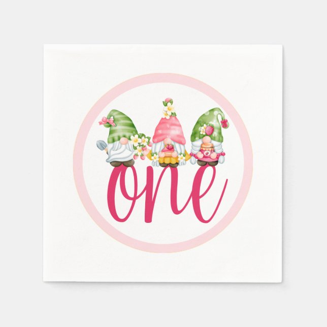 Strawberry Gnome Garden Baby Girl's 1st Birthday Napkin (Front)