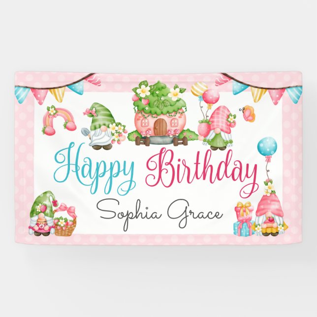 Strawberry Gnome Garden Little Girl's Birthday Banner (Horizontal)