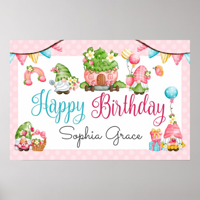 Strawberry Gnome Garden Little Girl's Birthday Poster (Front)