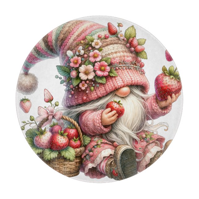 Strawberry Gnome Glass Cutting Board (Front)