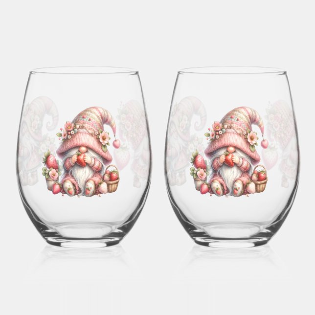 Strawberry Gnome Stemless Wineglass Set Stemless Wine Glass (Left)