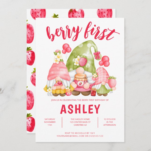 Strawberry Gnomes Berry First Birthday Invitation (Front/Back)