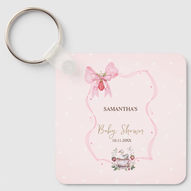Strawberry,Goose,Bow Frame Dots Baby Shower Key Ring (Front)