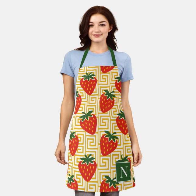 Strawberry Greek Key Monogram Apron (Worn)