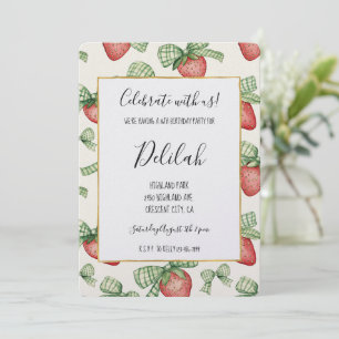 Strawberry Green Bows Birthday Invitation