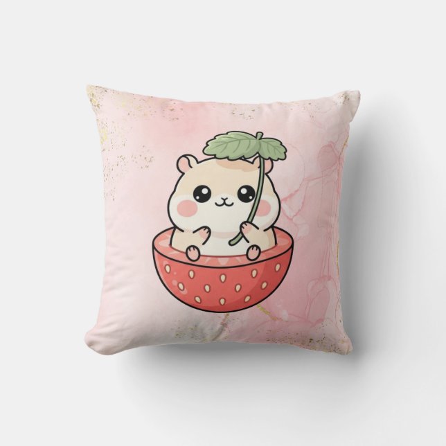 Strawberry Hamster Cute Throw Pillow (Front)
