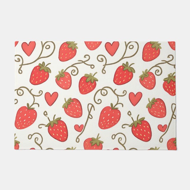 Strawberry Heart Pattern Cute Whimsical Doormat (Front)