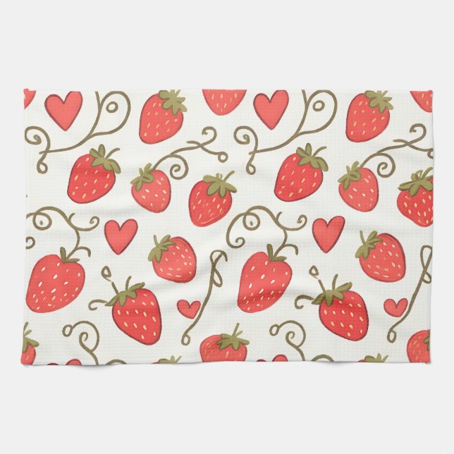 Strawberry Heart Pattern Cute Whimsical Tea Towel (Horizontal)
