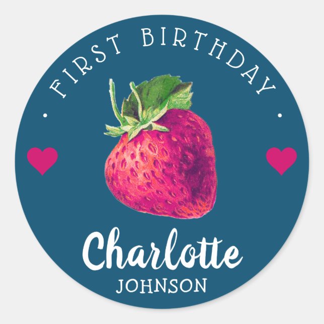 Strawberry Hearts Birthday Girl Blue Green Classic Round Sticker (Front)