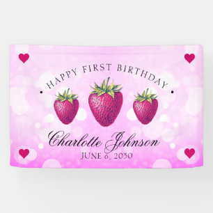 Strawberry Hearts Birthday Girl Pink Banner