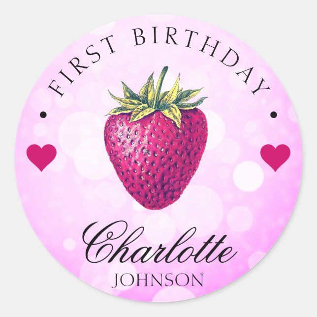 Strawberry Hearts Birthday Girl Pink Classic Round Sticker (Front)
