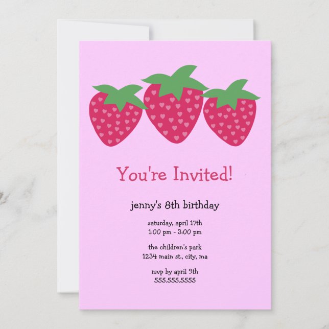 Strawberry Hearts Birthday Party Invitations (Front)