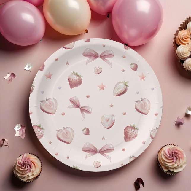 Strawberry Hearts Love Ribbon Stars Paper Plate (Creator Uploaded)