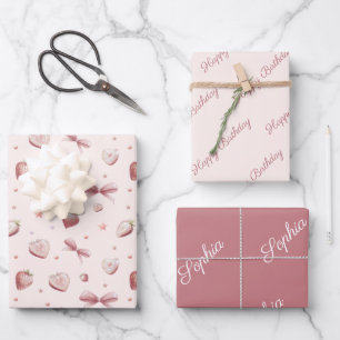 Strawberry Hearts Pink Ribbon Stars Wrapping Paper Sheet