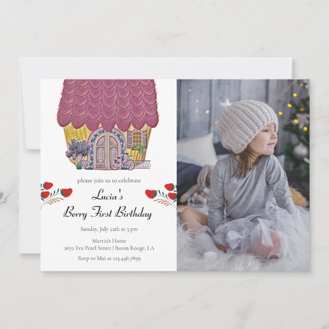 Strawberry House Berry First Girl 1st Birthday Invitation (Front)