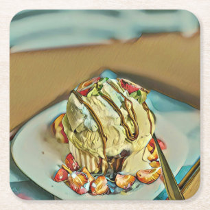 Strawberry ice cream cake square paper coaster