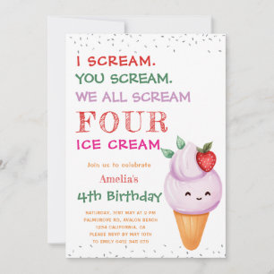 Strawberry Ice Cream Cone 4th Birthday Party Invitation