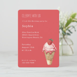 Strawberry Ice Cream Cone Birthday Invitation