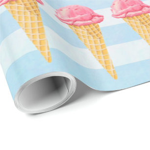 Strawberry Ice Cream Cone With Blue Stripes Wrapping Paper