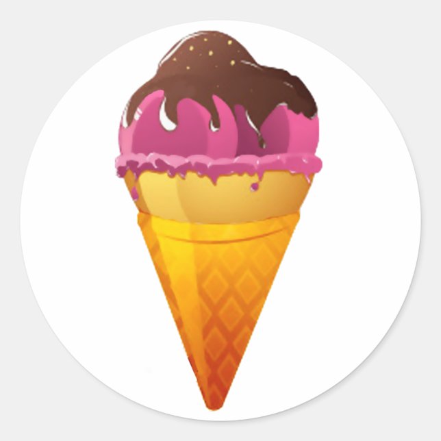 Strawberry Ice Cream Cone with Chocolate Sauce Classic Round Sticker (Front)