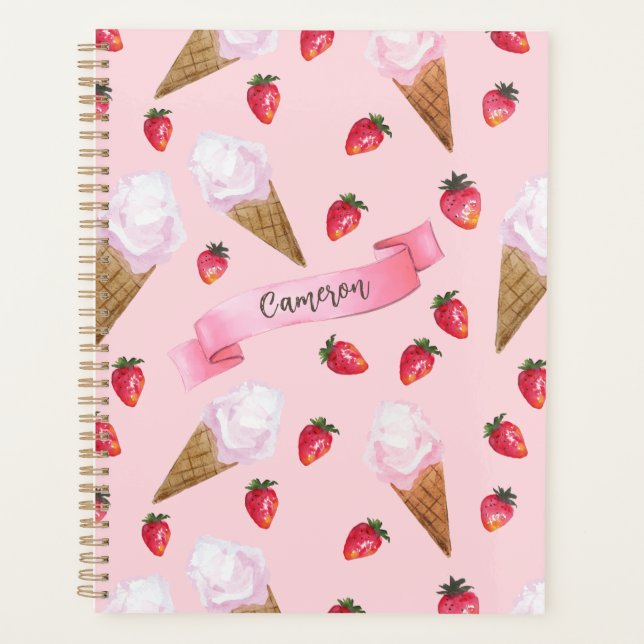 Strawberry Ice Cream Cute Retro Pink Personalised  Planner (Front)