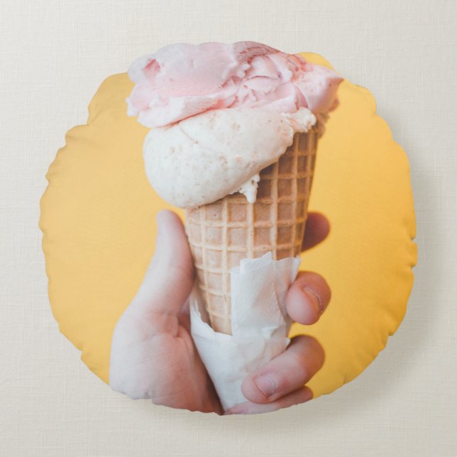 Strawberry ice cream on cone round cushion (Front)